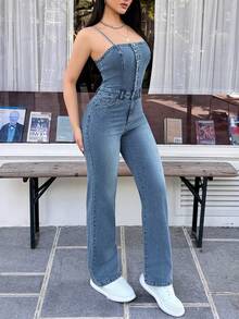 SHEIN EZwear 女士纯色修身无袖牛仔连体裤 - 藍色 - 查看 1