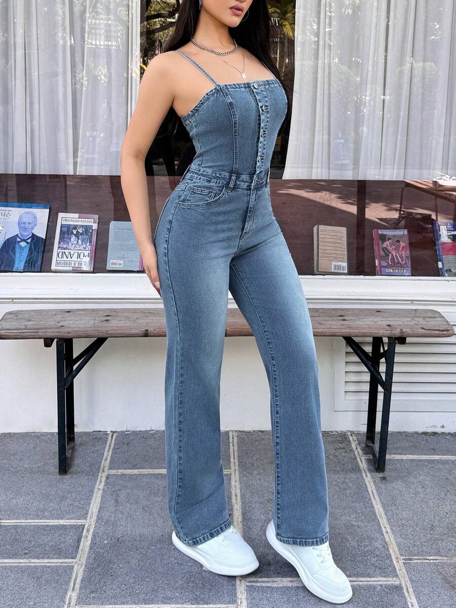 SHEIN EZwear 女士纯色修身无袖牛仔连体裤 - 藍色 - 查看 1