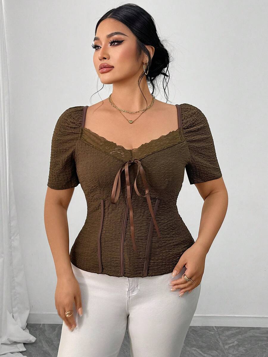 Elenzga 大码女式针织常规款早春优雅约会舒适圆领蕾丝饰边蝴蝶结短袖棕色T恤 - 棕色 - 查看 1