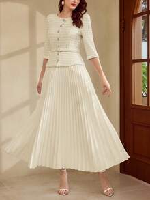 Vintamour Đầm nữ cổ điển thanh lịch, đầm dệt jacquard ôm dáng xếp ly mùa xuân/hè, đầm tay lửng 3/4, đầm dài màu trắng. - Màu be - Xem 1