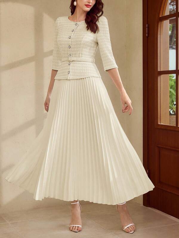 Vintamour Vintage Boho Classic Elegant Women's Dress, Autumn Fitted Jacquard Knit Pleated 3/4 Sleeve White Extra Long, Dresses For Women,Elegant Tea Party