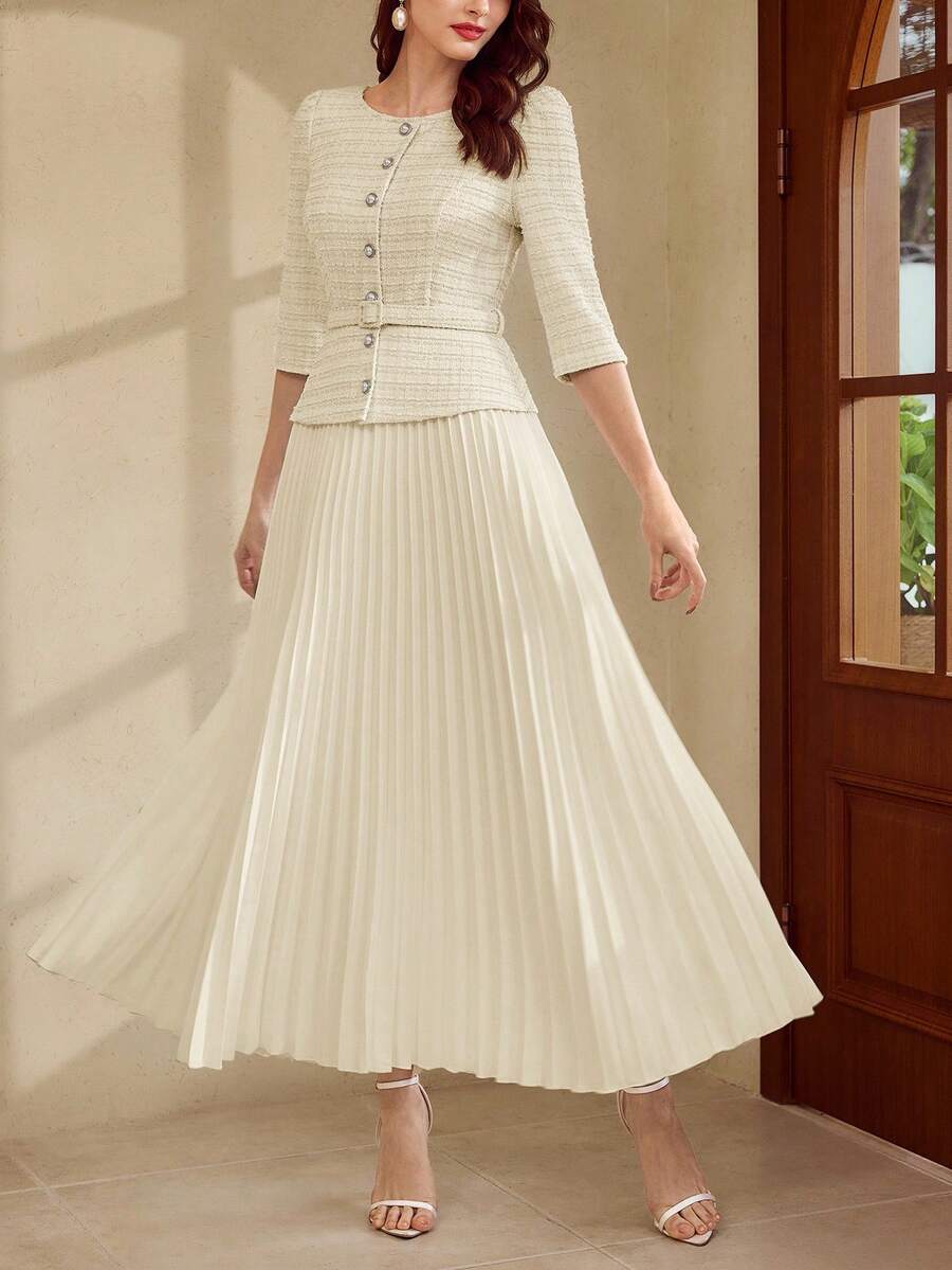 Vintamour Đầm nữ cổ điển thanh lịch, đầm dệt jacquard ôm dáng xếp ly mùa xuân/hè, đầm tay lửng 3/4, đầm dài màu trắng. - Màu be - Xem 1