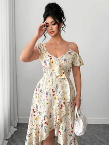 SHEIN PETITE CURVE 大码女式V领荷叶边下摆不规则开衩印花连衣裙，优雅女士 - 杏色 - 查看 4