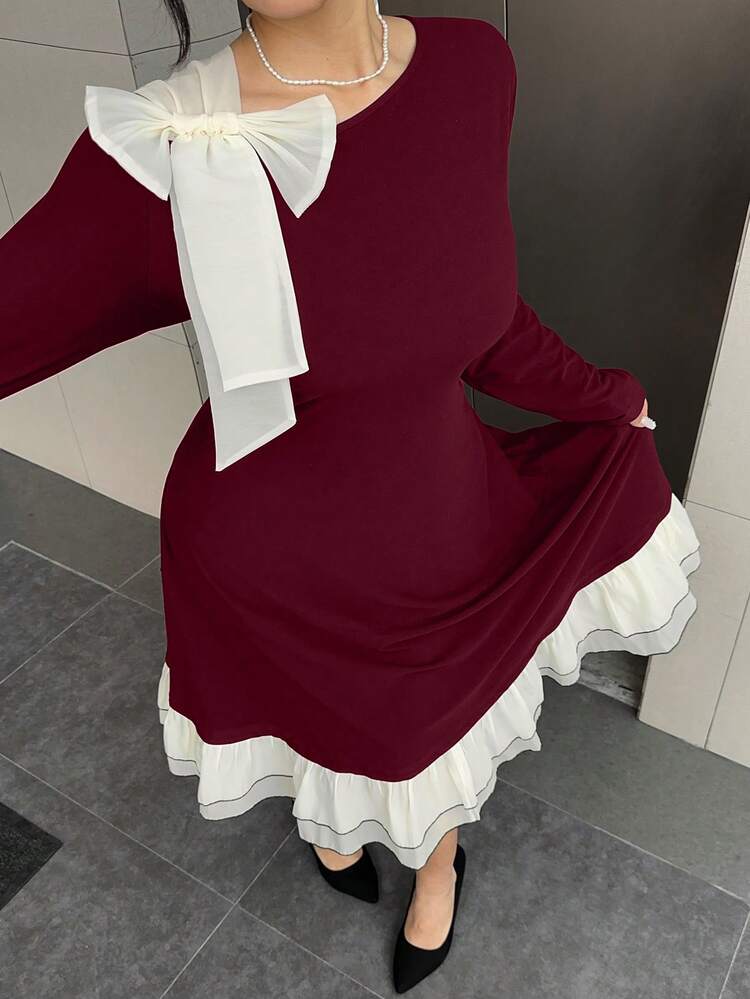 Dazy Plus Plus Size Elegant Bowknot Tie Shoulder Splice Frill Trim Bodycon Party Maxi Dress, Black, Spring/Autumn Sundress