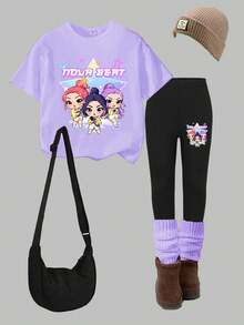 2pcs/Set Young Girls Casual Comfortable Fashion Versatile Creative Cute Cartoon K-POP Girl Star & Letter Print Short Sleeve T-Shirt And Leggings Set, Suitable For Spring/Summer Outdoor & Sports - Purple - View 3