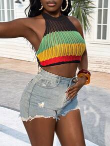 Glyssa 女士复古、街头、北欧、颓废、韩式休闲风针织上衣，适合约会、工作、办公室、感恩节、派对等场合，无袖、露脐、镂空设计，多种颜色可选。 - 彩色 - 查看 3