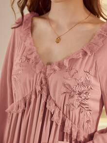 MOTF PREMIUM FLORAL EMBROIDERY RUFFLE TRIM SLEEP DRESS - Dusty Pink - View 2