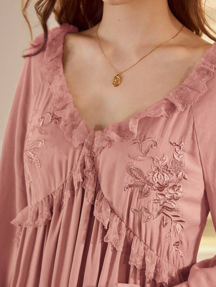 FLORAL EMBROIDERY RUFFLE TRIM SLEEP DRESS