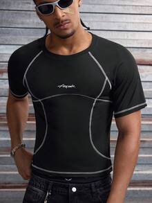 AXEPEAK 男士字母印花圆领插肩短袖修身T恤 - 黑色 - 查看 1