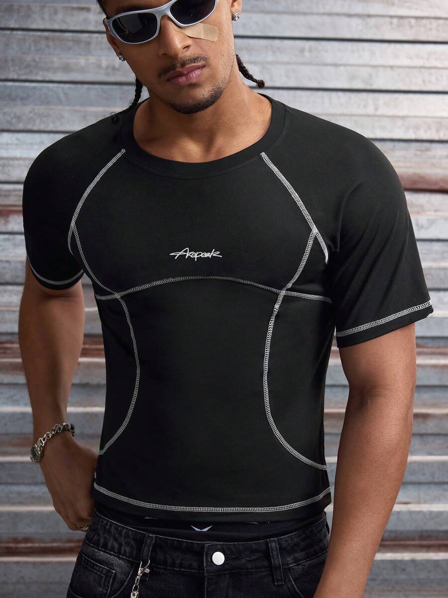 AXEPEAK 男士字母印花圆领插肩短袖修身T恤 - 黑色 - 查看 1