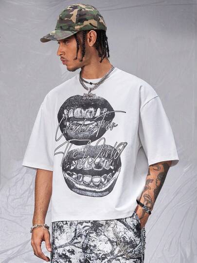 AXEPEAK 男士宽松水印唇形图案短袖针织T恤，夏季，街头风