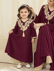 SHEIN 女婴优雅可爱红色复古金色丝带装饰长袖宽松连衣裙 - 彩色 - 查看 6