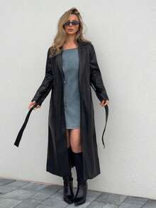 Jeta Ari 复古翻领单排扣长袖皮夹克女款，高腰系带开衫风衣，秋季女装黑色皮质风衣 - 黑色 - 查看 6