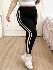 CovetEZ 大码休闲百搭撞色条纹打底裤 - 黑色 - 查看 4