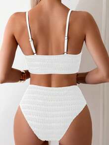 Swim Basics 女士纯色纹理细肩带比基尼套装，夏季海滩度假 - 白色 - 查看 2