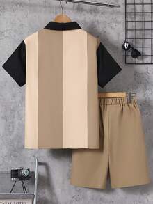 Vacaura 2 pièces/Set Chemise à col polo rayée et patchwork d'été pour garçons adolescents, et short décontracté assorti - Nude - Voir 2