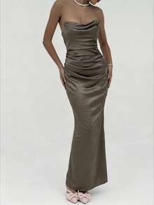 Aloruh 女士派对褶皱胸腰抹胸连衣裙 - 金色 - 查看 7