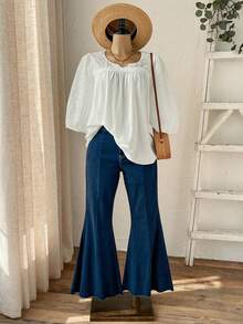 Rusticease Plus Size Women's Summer Boho White Blouse,100% Cotton Eyelet Embroidered Notched Collar Loose Fit Top,Casual Vacation Holiday Daily Wear - White - View 8