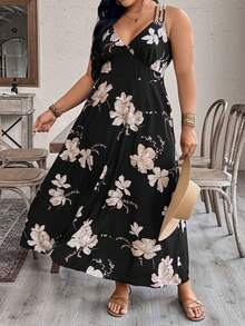EMERY ROSE Women's Floral Criss-Cross Backless V-Neck Cinched Waist Slip Dress, Suitable For Beach, Date, Party, Spring/Summer Women Vacation Dress Backless Sundress Black Floral Dress Summer Maxi Dress Women Backless Summer Dress - Multicolor - View 7