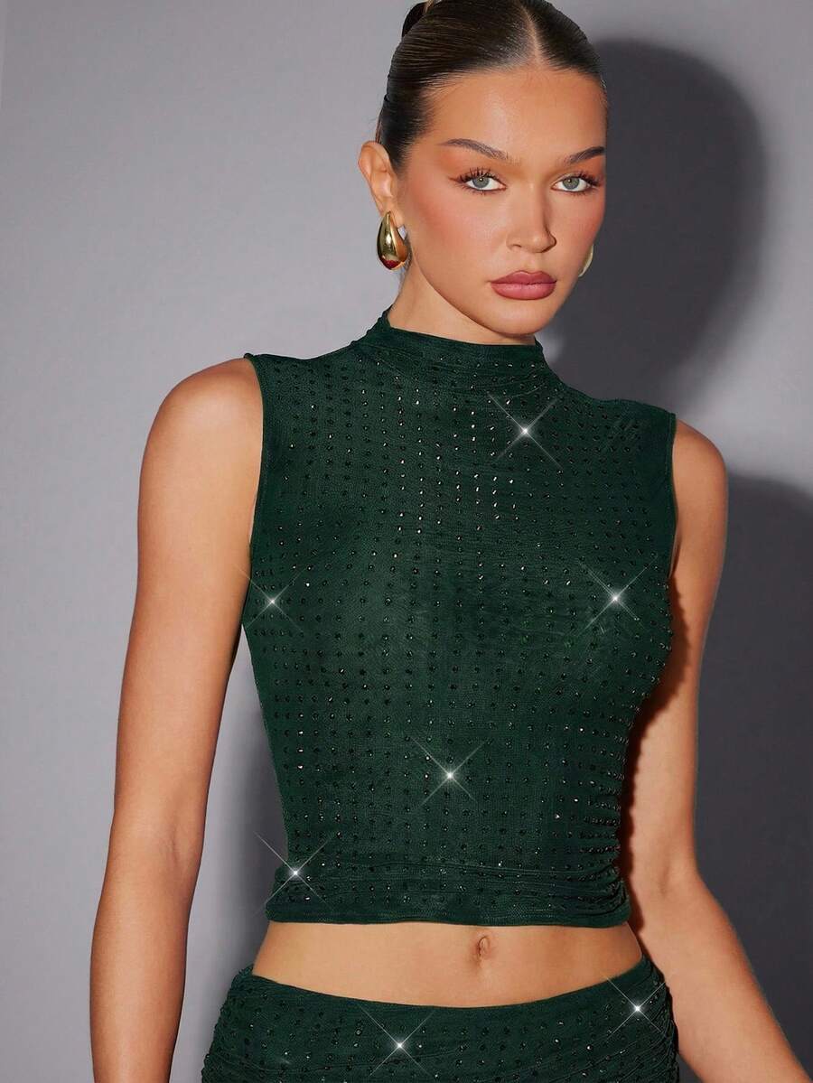 Hauture Sexy Summer Party Burgundy Red Mock Neck Hot Fixed Rhinestone Double Layer Mesh Tank Top - Green - View 1