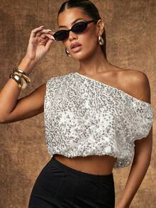 Hauture Women's Sexy Night Out One Shoulder Ruched Sequin Top - Silver - View 1
