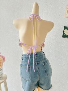 Sunnyshic Sexy Versatile Vacation Style Beaded Halter Knit Top - Purple - View 2