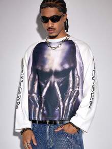 ROMWE MEN Street Life 男士撞色插肩袖T恤，深色人物印花 - 黑與白 - 查看 8