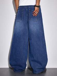 ROMWE MEN Men's Loose Fit Graphic Pocket Wide Leg Casual Jeans - Blue - View 3