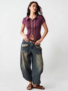 Bohemela Women's Casual Solid Color Knit Lace Patchwork Front Button Blouse - Purple - View 3