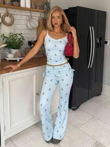 CovetEZ Printed Knit Camisole & Leggings Homewear Set Two Piece Sets Pants Set Two Piece Summer Pant Set Cute Two Piece Sets Ruched Pants Set Bear Print Pajama Set - Blue - View 3