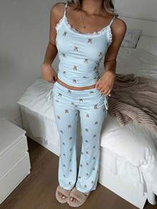 CovetEZ Printed Knit Camisole & Leggings Homewear Set Two Piece Sets Pants Set Two Piece Summer Pant Set Cute Two Piece Sets Ruched Pants Set Bear Print Pajama Set - Blue - View 6