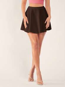 SHEIN BASICS 女士纯色休闲百搭迷你裙 - 咖啡棕 - 查看 3