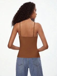 SHEIN BASICS 1 chiếc áo hai dây không tay màu trơn, thiết kế tối giản, thoải mái, đa năng cho mùa hè. - Rỉ Nâu - Xem 3
