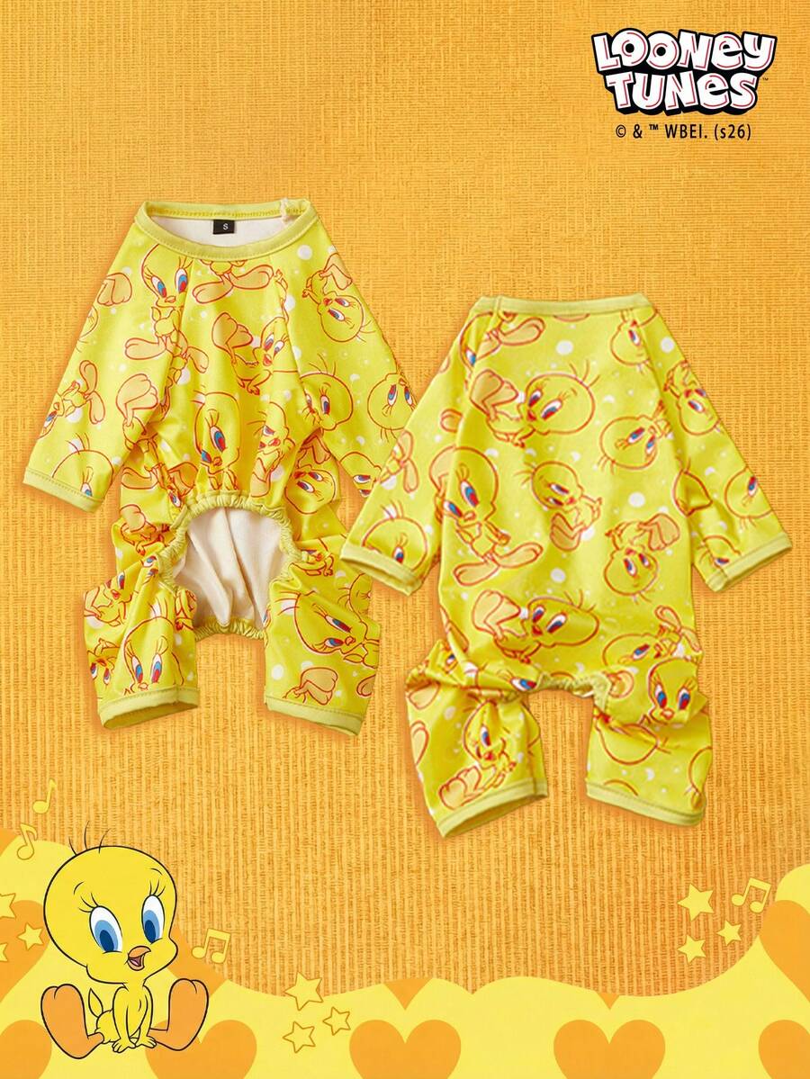LOONEY TUNES X PETSIN 1 Cute Yellow Bird Cartoon Cute Pattern Printed Pet Cat Dog Universal Four Leg Set Elastic And Comfortable Dog Jumpsuit