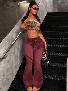 Jeanoix 大码女式休闲时尚街头风搭扣孔眼毛边喇叭牛仔裤 - 紅色 - 查看 3