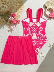 SHEIN 青少年+女孩撞色印花连体泳衣 - 彩色 - 查看 2