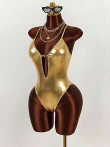 Amplova 1pc Women's Halter Neck One-Piece Swimsuit, Sexy Cutout Design With Metal Accents, Ruched Waist, Open Back With Tie, Suitable For Vacation - Apricot - View 3