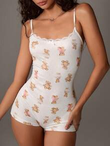 TRNVIE 女士夏季可爱熊印花吊带短裤，弹力、合身、休闲舒适连体裤