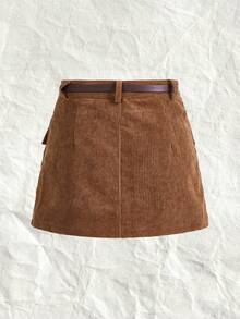 SHEIN EZwear 有蓋口袋燈芯絨& Pu 皮革腰帶半身裙 - 棕色 - 查看 2