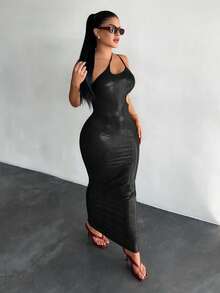 SHEIN SXY 女士纯色优雅收腰长裙，适合派对和各种场合 - 黑色 - 查看 3
