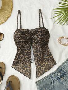 Roelina 女士性感褶皱细肩带豹纹透视拼接吊带背心，夏季 - 彩色 - 查看 7