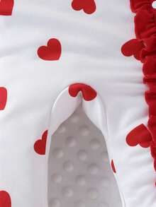 SHEIN 2件套婴儿男女通用婴儿幼儿新生儿0-3岁情人节爱心图案荷叶边按扣连体衣和红色发带套装，春夏款，适合新年、情人节、生日派对、节日、周岁生日、拍照、新生儿连体衣、男女通用连体衣 - 紅白色 - 查看 4