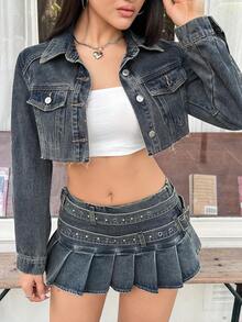 Rivivi Women's Long Sleeve Single-Breasted Frayed Hem Cropped Denim Jacket - Blue - View 5