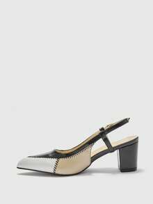 CUCCOO BIZCHIC Women Shoes Fashion Pointed Multi-Color Splicing Color Block Chunky Heel High Heel Back Strap Buckle Women's High Heel Shoes Daily Versatile Commuter Work Shoes Valentine's Day Spring Shoes - Black and White - View 10
