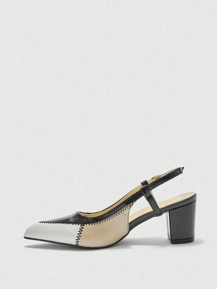 CUCCOO BIZCHIC Women Shoes Fashion Pointed Multi-Color Splicing Color Block Chunky Heel High Heel Back Strap Buckle Women's High Heel Shoes Daily Versatile Commuter Work Shoes Valentine's Day Spring Shoes