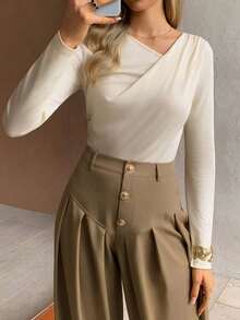 Elyressa Women's Solid Color Asymmetrical Neckline Long Sleeve Casual Minimalist Fashion T-Shirt - Apricot - View 5