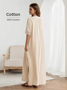 V-Neck Lace Splice High Slit Casual Loose Elegant Commute Vintage Style Dress For Women, Spring/Summer Vacation Boho Sexy Women Clothes Cotton Women's Clothes New In Dresses Cotton Women Dress Long Casual Dresses For Woman Cotton Dresses For Women Spring Dresses For Women Cotton Zanea Dress For Woman Picnic Dresses For Women Resort Dresses For Women - Apricot - View 7