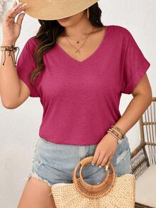 SHEIN Frenchy Plus Size Women's V-Neck T-Shirt With Sunflower Lace Patchwork Back, Going Out Tops Summer Casual Tops Tshirts For Women Summer Crochet Back Top Eyelet Top For Women Summer Short Sleeve Tops Cute Summer Tops Summer Casual Tops - Hot Pink - View 6