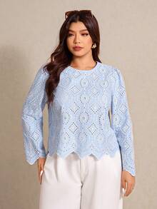 Elaquor 大码女式时尚优雅网纱刺绣长袖镂空上衣，浅蓝色镂空上衣，春季女装。 - 藍色 - 查看 3