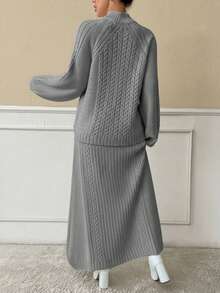 EURMUSE 2pcs Set Twisted Rib Knit Oversized Turtleneck Loose Sweater - Light Grey - View 2